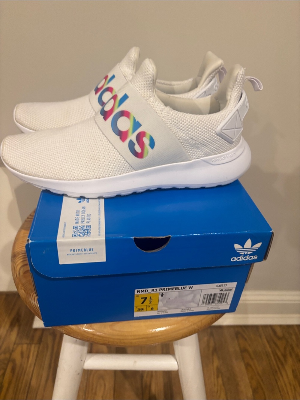 adidas Kids size 7.5 White Slip-On Sneakers with Rainbow Logo